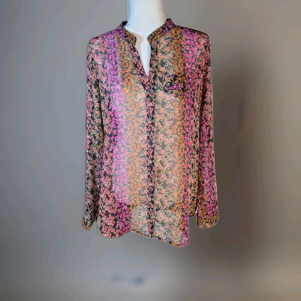 Kut from the Kloth Top Womens Large Multicolor Floral‎ Sheer V-Neck Flowy